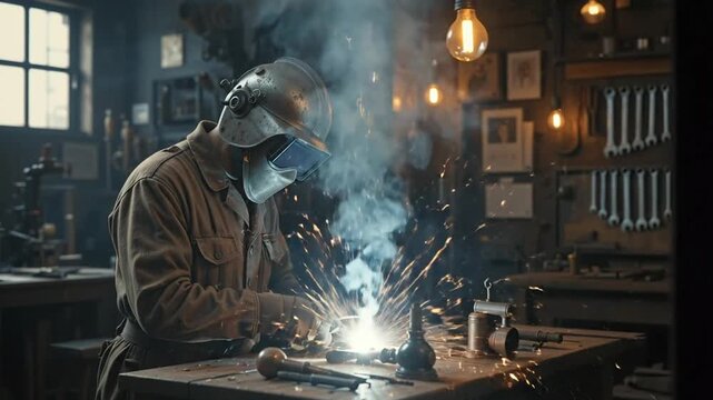 Skilled Welder Working in Industrial Workshop with Bright Sparks and Smoke; Metal Fabrication and Craftsmanship in a Gritty Environment