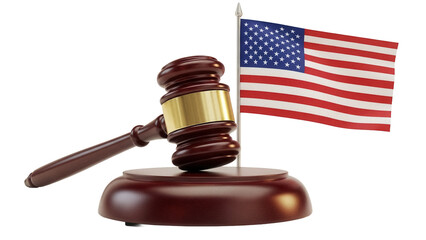 Wooden gavel and American flag isolated PNG, symbol of law and justice on transparent background for legal and political design projects