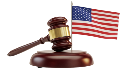 Wooden gavel and American flag isolated PNG, symbol of law and justice on transparent background for legal and political design projects