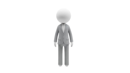 Stick figure businessman in gray suit isolated PNG, minimalist 3D rendering of a corporate worker for presentations and design