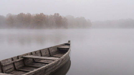 Obraz premium Minimalist view of the river with a boat and heavy haze over the water