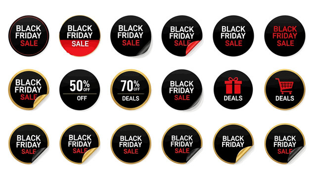 Collection of Black Friday sale stickers and labels in black and red with peeling effect for promotional advertising - Powered by Adobe