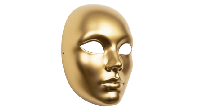 Golden full face mask isolated PNG on transparent background, masquerade ball costume accessory for theater and party use