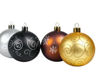 Four holiday ornaments, silver, black, brown, and gold, against a black background
