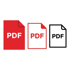 Collection of three pdf document icons, one red, one with red outline and one black and white outline