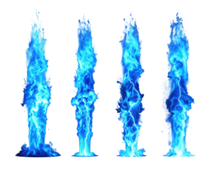 Four stylized blue energy effects, resembling pillars of lightning with a black background
