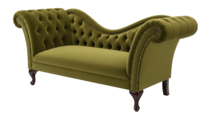 Elegant olive green chaise lounge isolated PNG on transparent background, tufted velvet couch with nailhead trim for luxury interior design