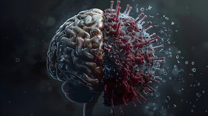 Surreal depiction of human brain fusing with virus for conceptual design