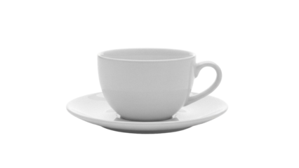 Elegant white ceramic teacup and saucer isolated PNG, classic design for hot beverages on transparent background