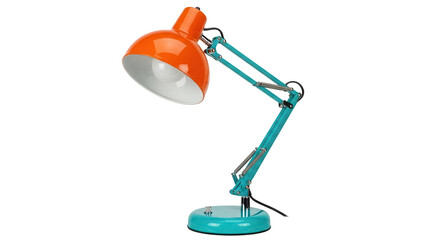 Orange and teal adjustable desk lamp PNG isolated on transparent background, modern lighting fixture for home office and study