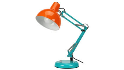 Orange and teal adjustable desk lamp PNG isolated on transparent background, modern lighting fixture for home office and study