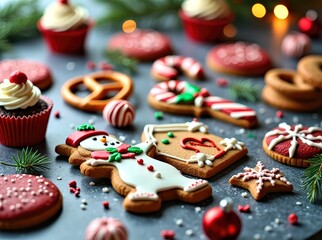 Decorated Christmas cookies and cupcake on festive table