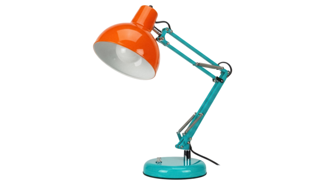 Orange and teal adjustable desk lamp PNG isolated on transparent background, modern lighting fixture for home office and study