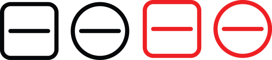 Minus remove icon set , stop sign. Graphic symbol for subtraction, removal, negative, or do not enter concept. horizontal line, dash inside a circle in outline and solid for delete actions, Minus Sign