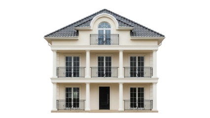 Elegant three-story house isolated PNG, classic architecture with balconies and columns on transparent background, residential building design
