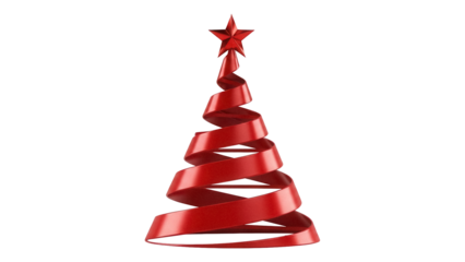 Red ribbon Christmas tree isolated PNG on transparent background, modern holiday decoration for festive design and seasonal greetings