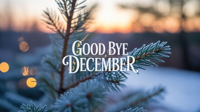 Goodbye december text overlay on a frosted pine branch at sunset