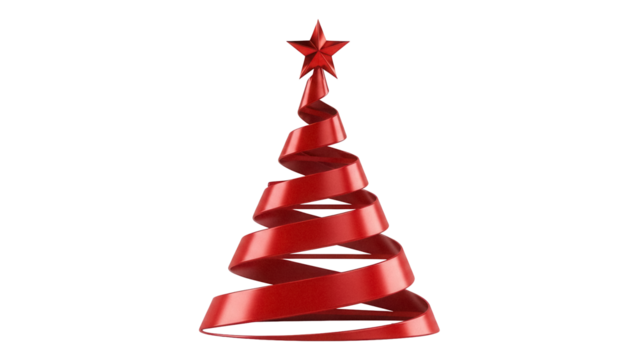 Red ribbon Christmas tree isolated PNG on transparent background, modern holiday decoration for festive design and seasonal greetings - Powered by Adobe