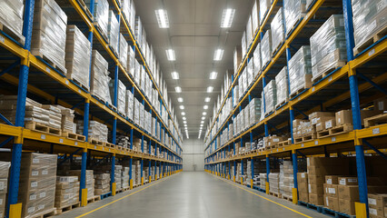 The warehouse pallet snugly covered with transparent shrink wrap film, Supply Chain Logistics / Warehouse Operation