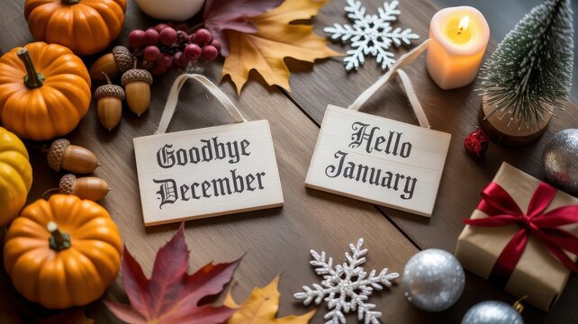 Goodbye december hello january signs with pumpkins and winter decorations