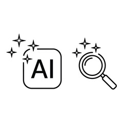 Artificial intelligence icon with magnifying glass and sparkles symbolizing research and discovery