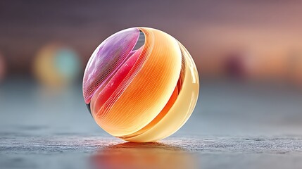 Abstract glass sphere with internal layers of orange, red, and purple colors
