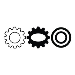 Three mechanical gears, one outline, one filled, and one double ring, arranged in a row on a white background.