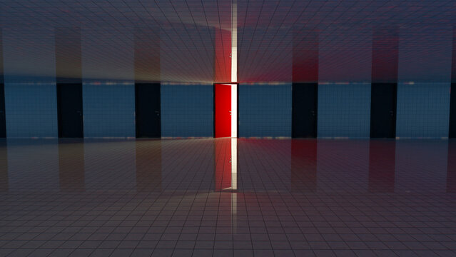 Liminal space backroom many doors to choose