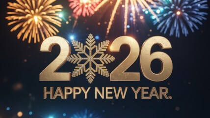 Golden 2026 numbers with snowflake and colorful fireworks display