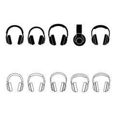 Set of various headphones, some in silhouette and some in outline, displayed on a white background