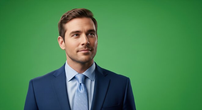 Portrait of a confident man in a blue suit, looking towards the right side - Powered by Adobe