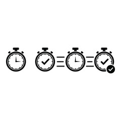 Time progression shown by four stopwatches with a checkmark indicating completion on the last one