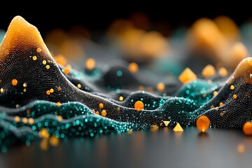 Abstract landscape with glowing orange spheres and turquoise accents on a black background