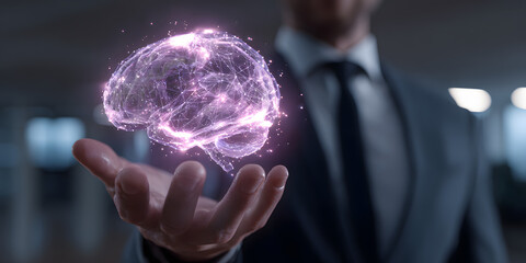 Visionary Fusion of the Digital and Physical: A Surreal AI-Powered Businessman's Holographic Brain Interface