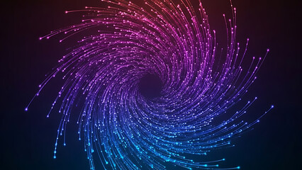 Abstract glowing spiral vortex of neon particles representing technology, data flow, and fiber optics connection.