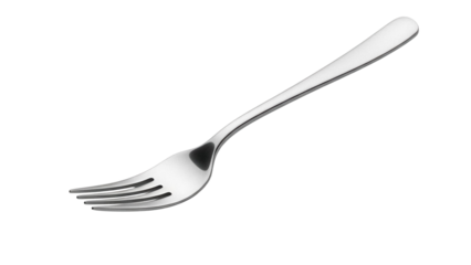 Elegant silver fork isolated PNG on transparent background, shiny metal utensil for dining and kitchen use, modern tableware design