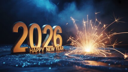 Golden 2026 numbers with sparkling fireworks and happy new year text