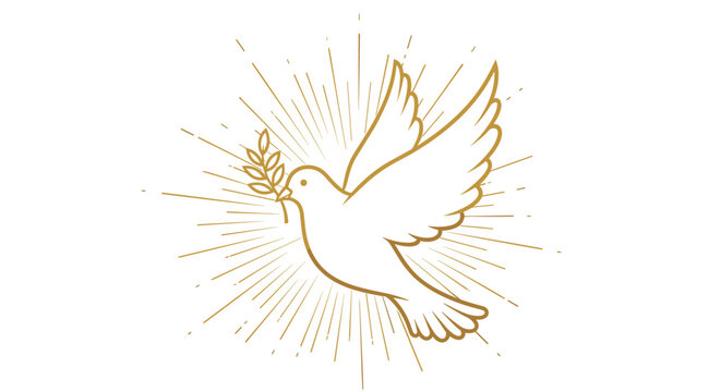 Elegant golden outline illustration of a dove carrying an olive branch, radiating with light, symbolizing peace, hope, and spirituality.