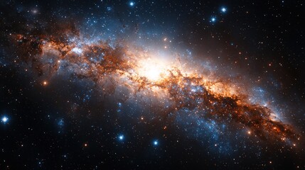 Fototapeta premium A sprawling, illuminated galaxy with swirling arms and vibrant hues of orange and blue against a dark backdrop