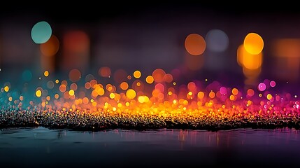 Abstract luminous bokeh light sparkling with radiant colors reflecting on dark liquid background