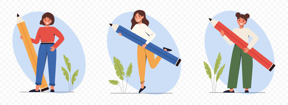 Various people with a giant Pencils. Cute student girl standing with a large pencil. Business Woman holds big pencil. Copywriting and blogging concept. Vector stock illustration.