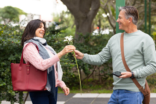 Senior couple exchanging white flower on paved park path while holding smartphone and red tote bag - Powered by Adobe