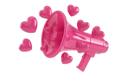 Pink megaphone with floating hearts isolated PNG, love announcement concept for Valentine s Day and romantic celebrations