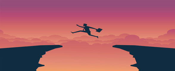 Business man run jump cross cliff