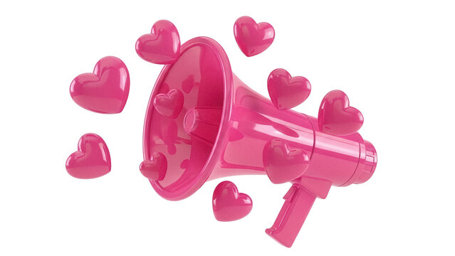 Pink megaphone with floating hearts isolated PNG, love announcement concept for Valentine s Day and romantic celebrations - Powered by Adobe