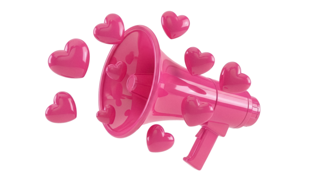 Pink megaphone with floating hearts isolated PNG, love announcement concept for Valentine s Day and romantic celebrations