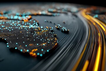 Abstract network visualization Digital earth map with glowing nodes and dynamic light trails