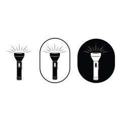 Collection of three flashlight icons in black and white, showing different styles and a lit flashlight.