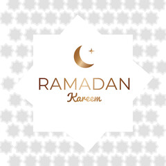 Ramadan Kareem banner. Gold moon, star, text on white background. Card for web design. Vector illustration