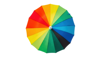 Colorful rainbow umbrella PNG isolated on transparent background, vibrant parasol for weather protection and summer design